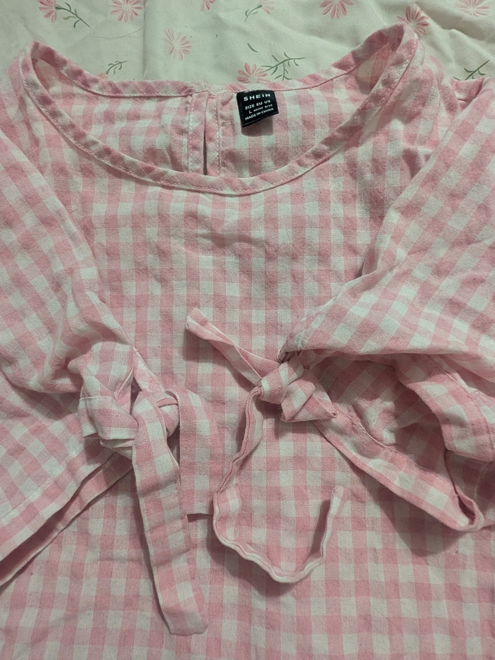 SHEIN Pink and White Gingham Tie-Sleeve Blouse
